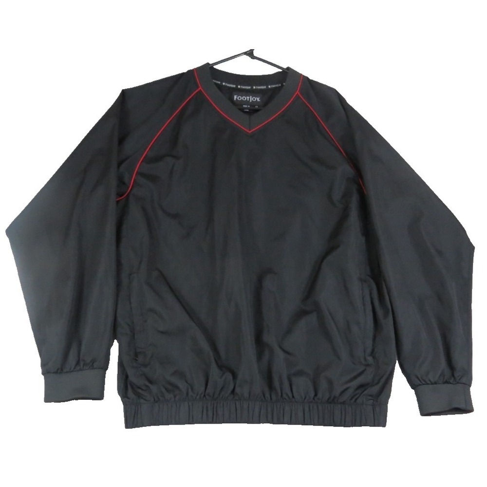 FootJoy Mens M Black Red V Neck Windshirt Golf Pullover Jacket FJ Back Logo EUC‎